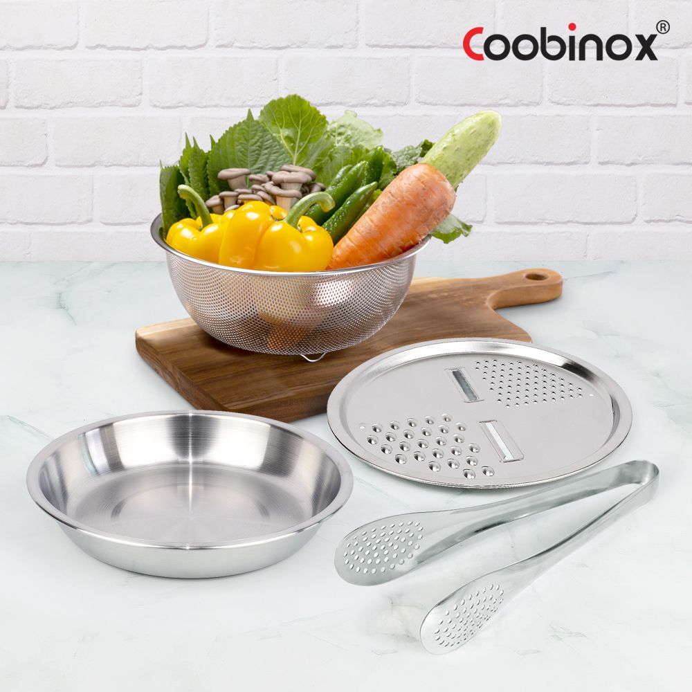 Coobinox® Artware Stainless Steel Prep & Serve 4-Piece Set (CO-73-18) - High Colander, Tray, Grater & Salad Tongs